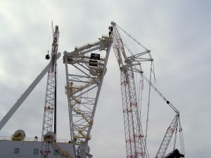 Two LR1300 crawlers, one with superlift that ‘walked the load into place while raising the structure, the blackleg is being held by a Liebherr LR1200 and the man basket is being used on the Liebherr LTM 1095 in Alberta